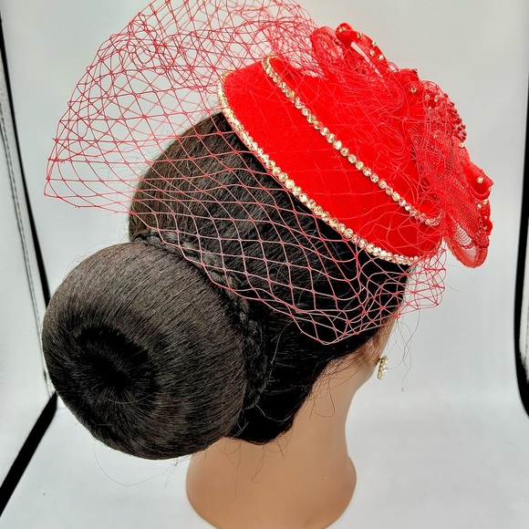 Women’s Floral Mesh Shimmer Elegant Formal Church Side Hat Hair Accessory Red - Picture 3 of 6
